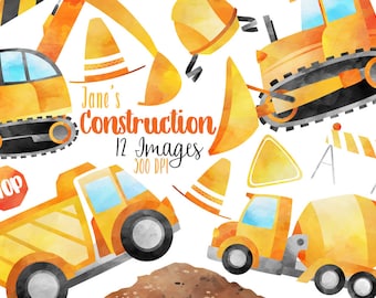 Watercolor Construction Clipart - Contruction Vehicles Download - Instant Download - Bulldozer - Cement Truck - Excavator - Dump Truck