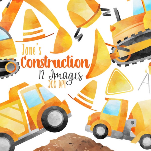 Watercolor Construction Clipart - Contruction Vehicles Download - Instant Download - Bulldozer - Cement Truck - Excavator - Dump Truck