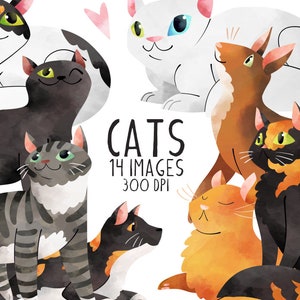 Aquarelle chats Clipart - téléchargement immédiat - chat noir - chat tigré - chat gris - chat blanc - animaux de compagnie - dessinés à la main