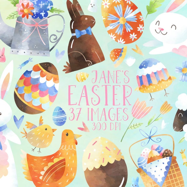 Watercolor Easter Clipart - Instant Download - Easter Download - Bunny - Chicken - Sheep - Easter Eggs - Easter Basket - Chocolate Rabbit