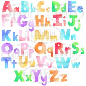 May include: Watercolor alphabet letters in various colors, including red, orange, yellow, green, blue, purple, and pink. Each letter is painted in a unique watercolor style, with soft edges and blended colors.