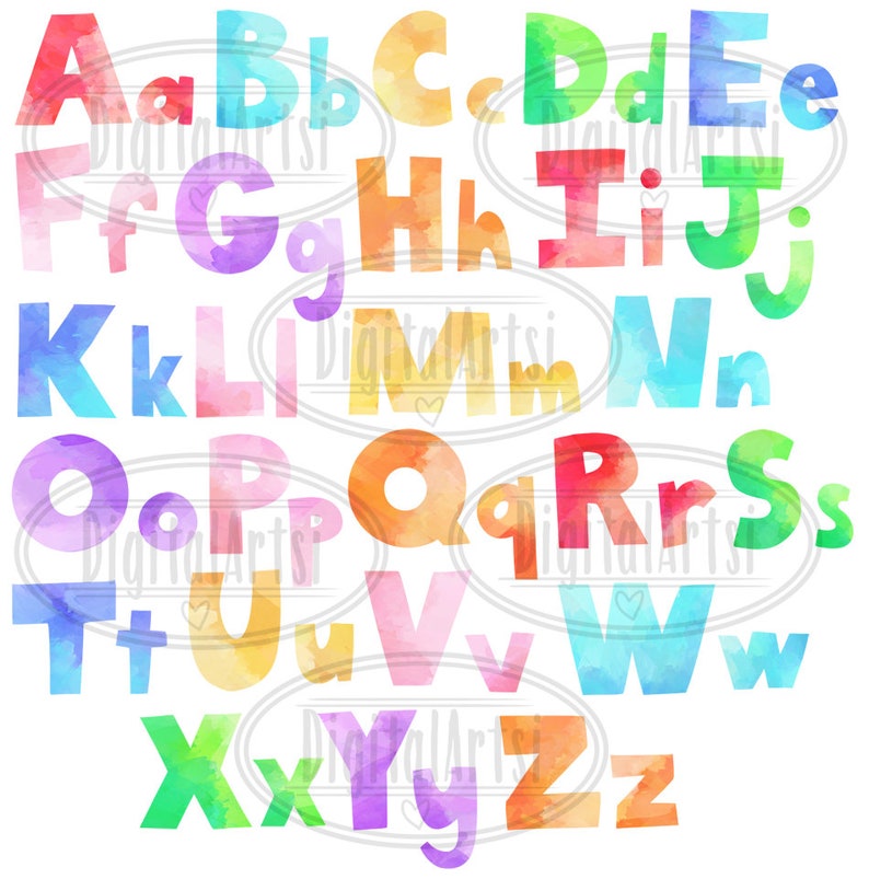 May include: Watercolor alphabet letters in various colors, including red, orange, yellow, green, blue, purple, and pink. Each letter is painted in a unique watercolor style, with soft edges and blended colors.