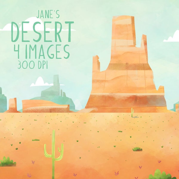 Watercolor Desert Scene Clipart - Environment Download - Instant Download - Plateau - Nighttime Desert - Ecosystems - Cacti - Landscape