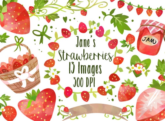 Instant Download Watercolor Pink Strawberry Digital Clip Art Set