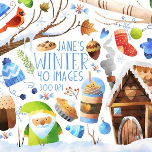 Clipart hiver aquarelle - téléchargement immédiat - rouge-gorge - cardinal - bouleau - cabane - mitaines - patin à glace - mitaines
