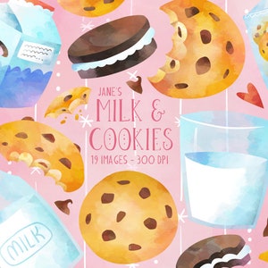 Aquarell Milch und Cookies Clipart - Cookies Download - Instant Download - American Dessert - Chocolate Chip Cookie - Milchflasche - Backen
