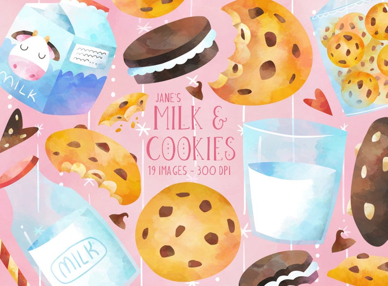 Cookies Download Baking Milk Bottle American Dessert Chocolate Chip Cookie Watercolor Milk and Cookies Clipart Instant Download