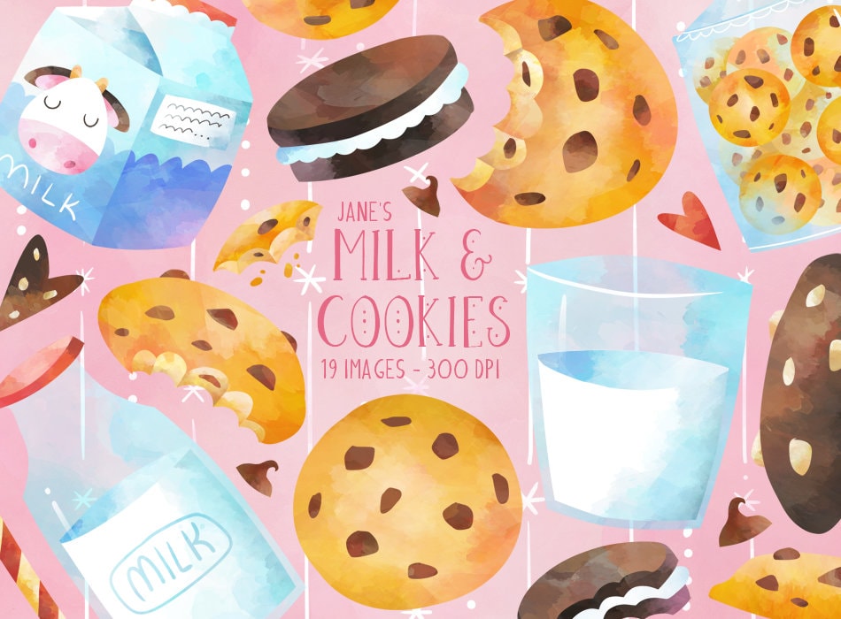 Cookies Download Baking Milk Bottle American Dessert Chocolate Chip Cookie Watercolor Milk and Cookies Clipart Instant Download