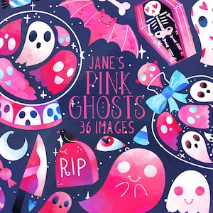 Pink Halloween Ghosts Clipart - Halloween Items Download - Instant Download - Vampire Bat - Coffin - Skeleton - Candy - Commercial Use