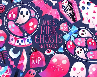Pink Halloween Ghosts Clipart - Halloween Items Download - Instant Download - Vampire Bat - Coffin - Skeleton - Candy - Commercial Use