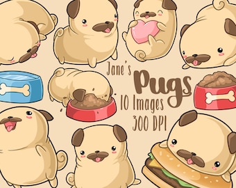 Kawaii Pugs Clipart - Kawaii Download - Instant Download - Pug - Cute Dogs - Commercial Use