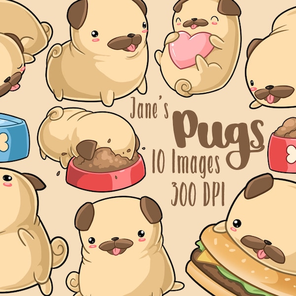 Kawaii Pugs Clipart - Kawaii Download - Instant Download - Pug - Cute Dogs - Commercial Use