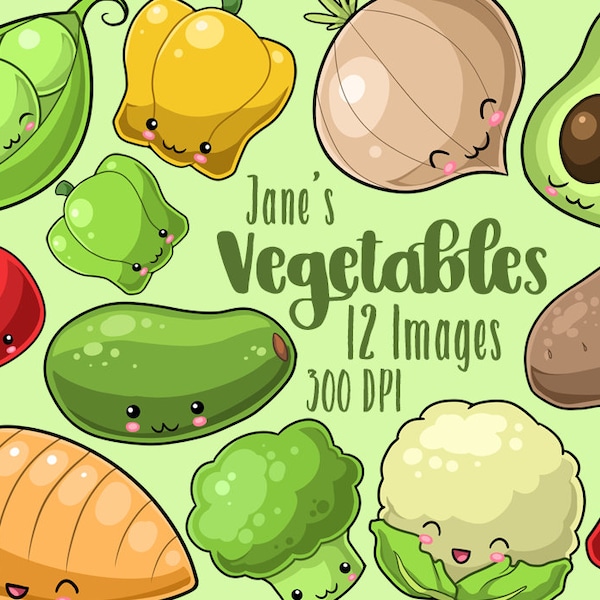 Kawaii Vegetables Clipart - Kawaii Download - Instant Download - Peas - Avocado - Carrot - Tomato - Potato