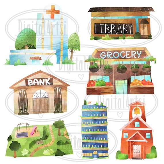 Watercolor Buildings Clipart Community Buildings Download Instant Download  Hospital Library School Bank Park Grocery Store 