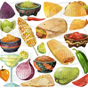 May include: A collection of watercolor illustrations of Mexican food, including tacos, burritos, tamales, corn on the cob, salsa, guacamole, limes, onions, peppers, and tortillas.