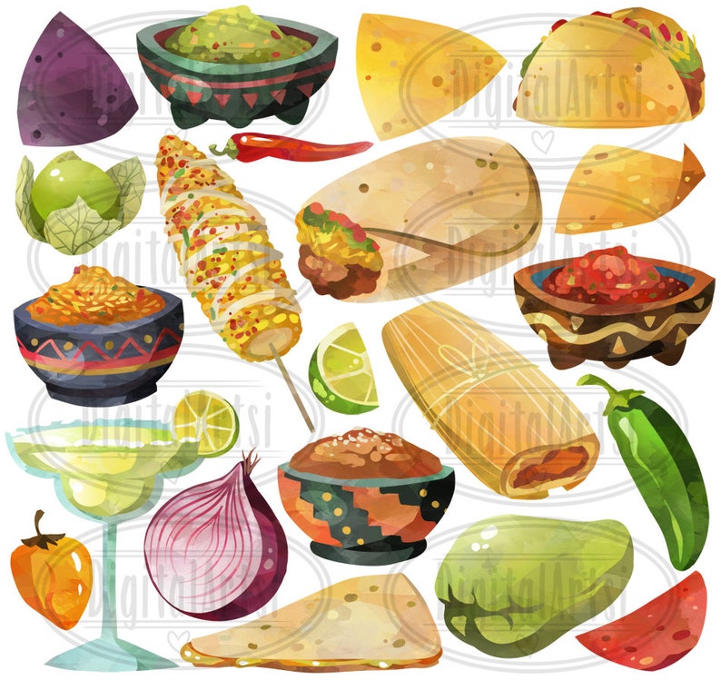 May include: A collection of watercolor illustrations of Mexican food, including tacos, burritos, tamales, corn on the cob, salsa, guacamole, limes, onions, peppers, and tortillas.