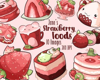 Könnte beinhalten: Ein Set mit 10 digitalen Illustrationen von Erdbeer-Themen-Lebensmitteln, darunter Kuchen, Parfaits, Mochi und eine Erdbeere mit einer Katze darauf. Die Illustrationen sind im Cartoon-Stil gehalten und zeigen niedliche Tiergesichter. Der Text "Jane's Strawberry Foods 10 Images 300 DPI" ist im Bild enthalten.