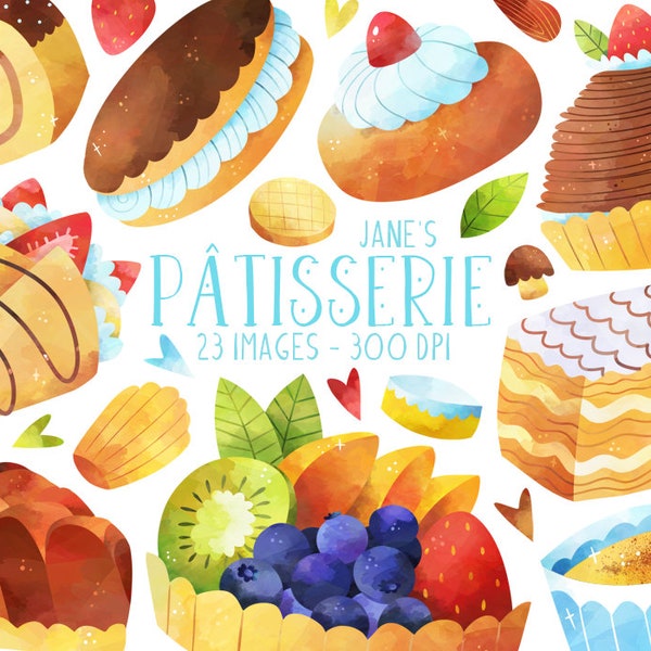 Watercolor French Pastries Clipart - Patisserie Download - Instant Download - Mille-Feuille - Eclair - Mont Blanc - Fruit Tart - Buche