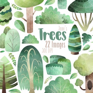Clipart di alberi ad acquerello - Download di alberi - Download immediato - Pini - Salice piangente - Betulla - Arbusti - Cespuglio - Foglia - Uso commerciale