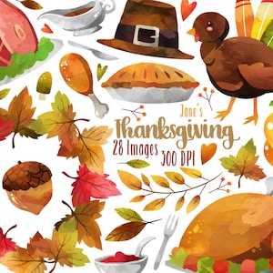 Watercolor Thanksgiving Clipart - Thanksgiving Items Download - Instant Download - Turkey - Ham - Wreath - Fall Leaves - Commercial Use