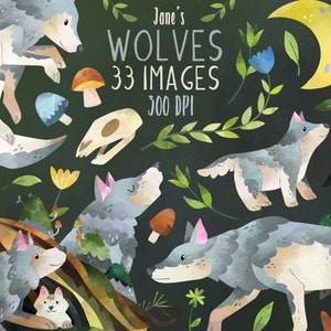 May include: A set of 33 watercolor illustrations featuring wolves in a woodland setting. The images include wolves of various sizes and poses, as well as foliage, flowers, a skull, a crescent moon, and a pine tree. The text "Jane's Wolves 33 Images 300 DPI" is included in the image.