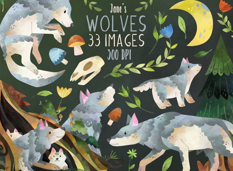 May include: A set of 33 watercolor illustrations featuring wolves in a woodland setting. The images include wolves of various sizes and poses, as well as foliage, flowers, a skull, a crescent moon, and a pine tree. The text "Jane's Wolves 33 Images 300 DPI" is included in the image.