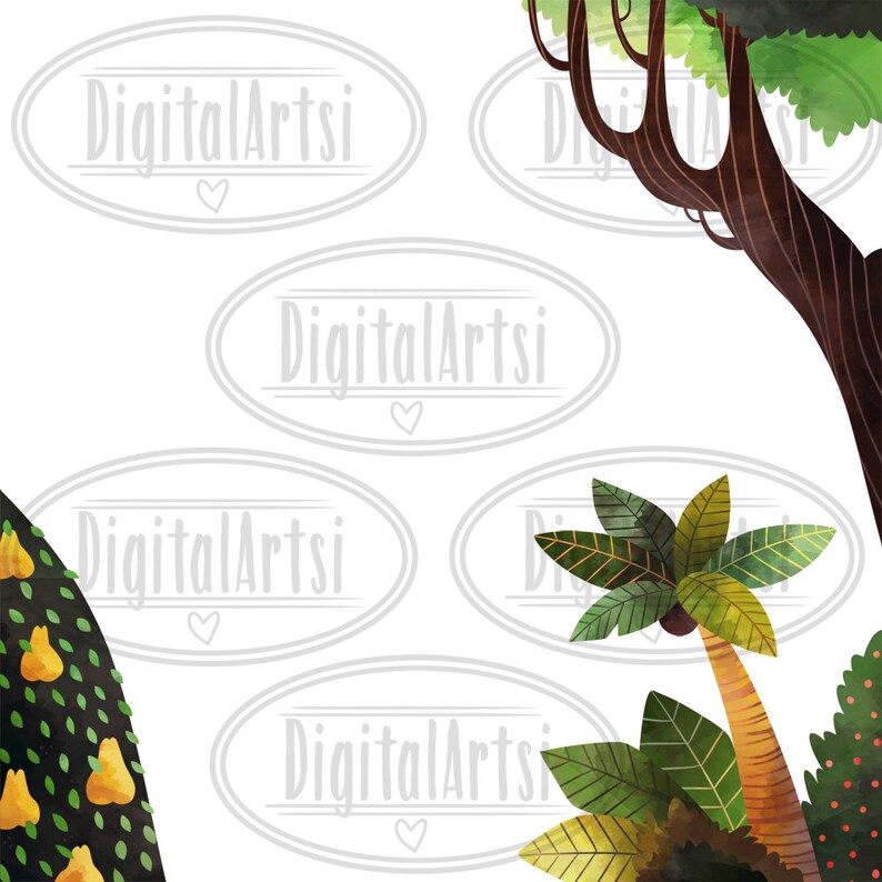 K&ouml;nnte beinhalten: Aquarell-Illustration einer Dschungelszene mit Baumstamm, Palme und gr&uuml;nem Laub. Das Bild hat einen wei&szlig;en Hintergrund mit dem Text "DigitalArtsi" in einer hellgrauen ovalen Form.