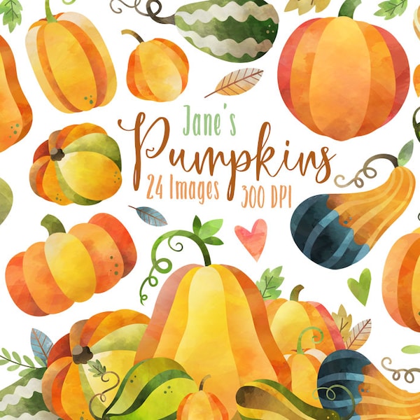 Watercolor Pumpkins Clipart - Decorative Gourds Clipart - Fall Clipart - Instant Download - Fall - Autumn - Pumpkin - Halloween Clipart