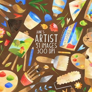 Clipart di artisti di acquerelli - Download per lezioni d'arte - Download istantaneo - Pittore - Creativo - Forniture artistiche - Pennelli - Pittura