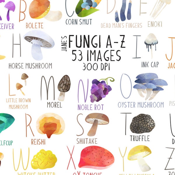 Watercolor Fungi A-Z Clipart - Fungi Download - Instant Download - Mushrooms - Fungi Alphabet - Mycology