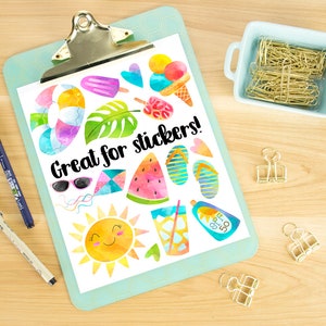 May include: A sheet of colorful watercolor stickers featuring summer themes like watermelon, ice cream, sunglasses, flip flops, and a sun. The sheet is on a clipboard with the text "Great for stickers!" printed on it.