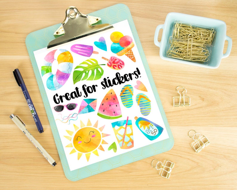 May include: A sheet of colorful watercolor stickers featuring summer themes like watermelon, ice cream, sunglasses, flip flops, and a sun. The sheet is on a clipboard with the text "Great for stickers!" printed on it.