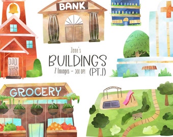 Watercolor Buildings Clipart - Community Buildings Download - Instant Download - Hospital - Library - School - Bank - Park - Grocery Store