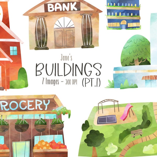 Watercolor Buildings Clipart - Community Buildings Download - Instant Download - Hospital - Library - School - Bank - Park - Grocery Store