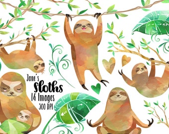 Watercolor Sloths Clipart - Sloth Download - Instant Download - Tropical - Meditation - Mother's Day - Calm - Commercial Use