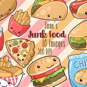 Kawaii Junk Food Clipart - Cute Fast Food Download - Kawaii Design Download - Burger - Hot Dog - Taco - Burrito - Pizza