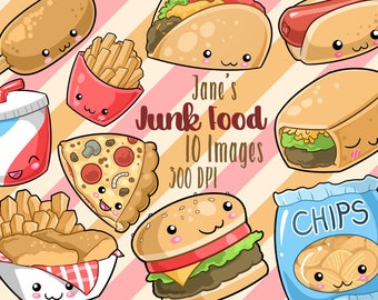 Kawaii Junk Food Clipart - Cute Fast Food Download - Kawaii Design Download - Burger - Hot Dog - Taco - Burrito - Pizza