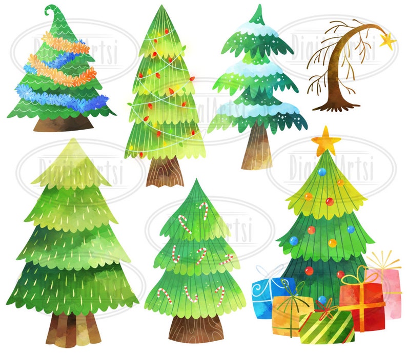 May include: A set of watercolor illustrations of Christmas trees. The trees are decorated with ornaments, lights, and garlands. Some trees are covered in snow. One tree is bent over and has a star on top. Another tree has presents underneath it.