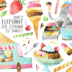 May include: A watercolor illustration of an elephant selling ice cream. The elephant is wearing a blue and pink outfit and a hat. The illustration includes various ice cream cones, scoops, and toppings, as well as a small ice cream truck. The text "JANE'S ELEPHANT ICE CREAM 32 IMAGES" is included in the image.