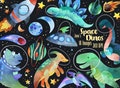 Watercolor Space Dinosaurs Clipart - Space Dino Download - Instant Download - Triceratops - Rockets - T-Rex - Asteroids - Brontosaurus