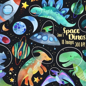 Watercolor Space Dinosaurs Clipart - Space Dino Download - Instant Download - Triceratops - Rockets - T-Rex - Asteroids - Brontosaurus