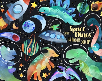 Watercolor Space Dinosaurs Clipart - Space Dino Download - Instant Download - Triceratops - Rockets - T-Rex - Asteroids - Brontosaurus