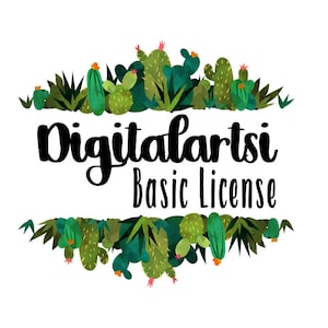Könnte beinhalten: Eine digitale Kunstlizenz mit dem Text "Digitalartsi Basic License" in schwarzer Schrift auf weißem Hintergrund. Der Text ist von einem Rand aus grünen und braunen Kakteen umgeben.