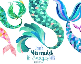 Watercolor Mermaid Tails Clipart - Mermaid Download - Instant Download - Borders - Shells - Underwater - Mermaid Tail - Commercial Use