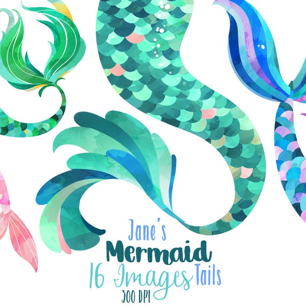 Watercolor Mermaid Tails Clipart - Mermaid Download - Instant Download - Borders - Shells - Underwater - Mermaid Tail - Commercial Use