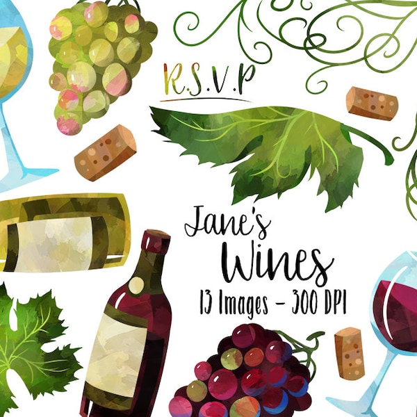 Watercolor Wine Clipart - Grapes Download - Instant Download - Wine Glass - Wine Bottle - Cork - French Culture
