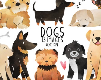 May include: Watercolor illustrations of various dog breeds, including a dachshund, golden retriever, and terrier. The image includes the text "DOGS 13 IMAGES 300 DPI". The dogs are depicted in a whimsical style with soft colors and a playful aesthetic.