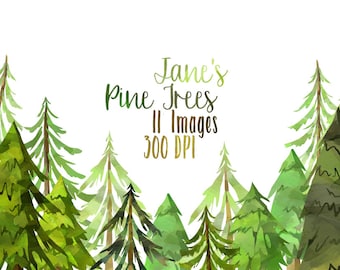 Watercolor Pine Trees Clipart - Watercolor Forest Download - Instant Download - Cute Conifers - Christmas Tree - Christmas Clipart