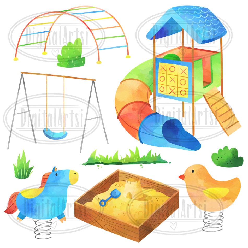 Clipart de acuarela de patio de recreo: Gimnasio de la selva, columpios  (descarga digital) - Etsy México, image size:950x950