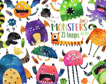 Aquarel Monsters Clipart - Halloween Clipart - Instant Download - Beestjes - Monster Doodles - Griezelige Wezens - Kid's Activiteiten